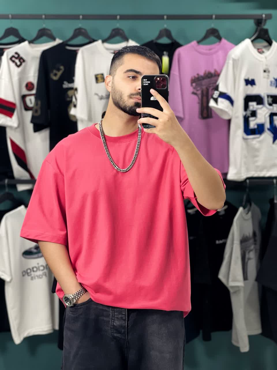 تیشرت صورتی ساده پارچه دو نخ پنبه
